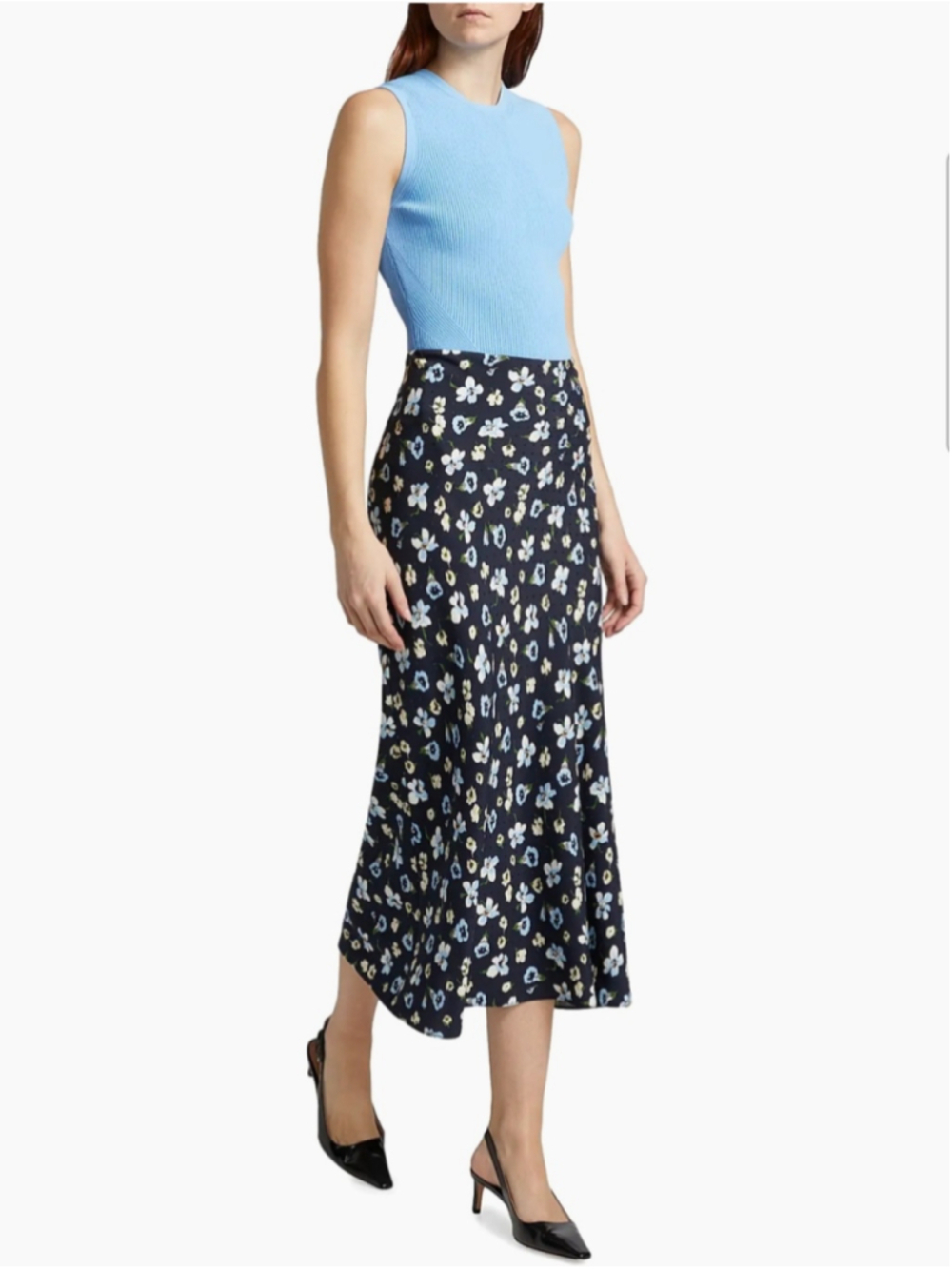 Veronica Beard Clover Floral Silk Blend Midi Skirt Size 4 Navy Luxury Silky - Picture 5 of 15